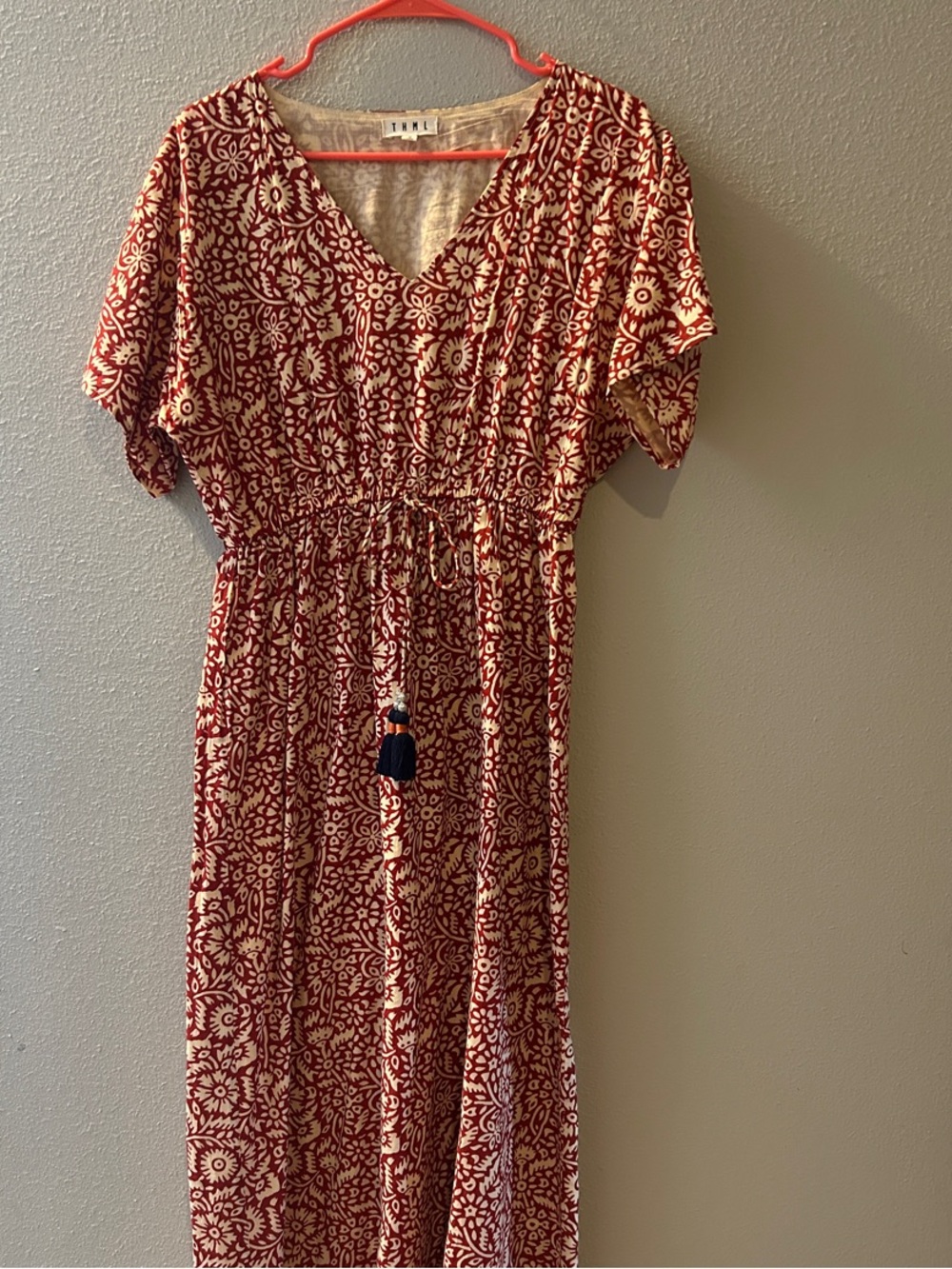 THML Red and Cream Floral V-Neck Maxi Dress